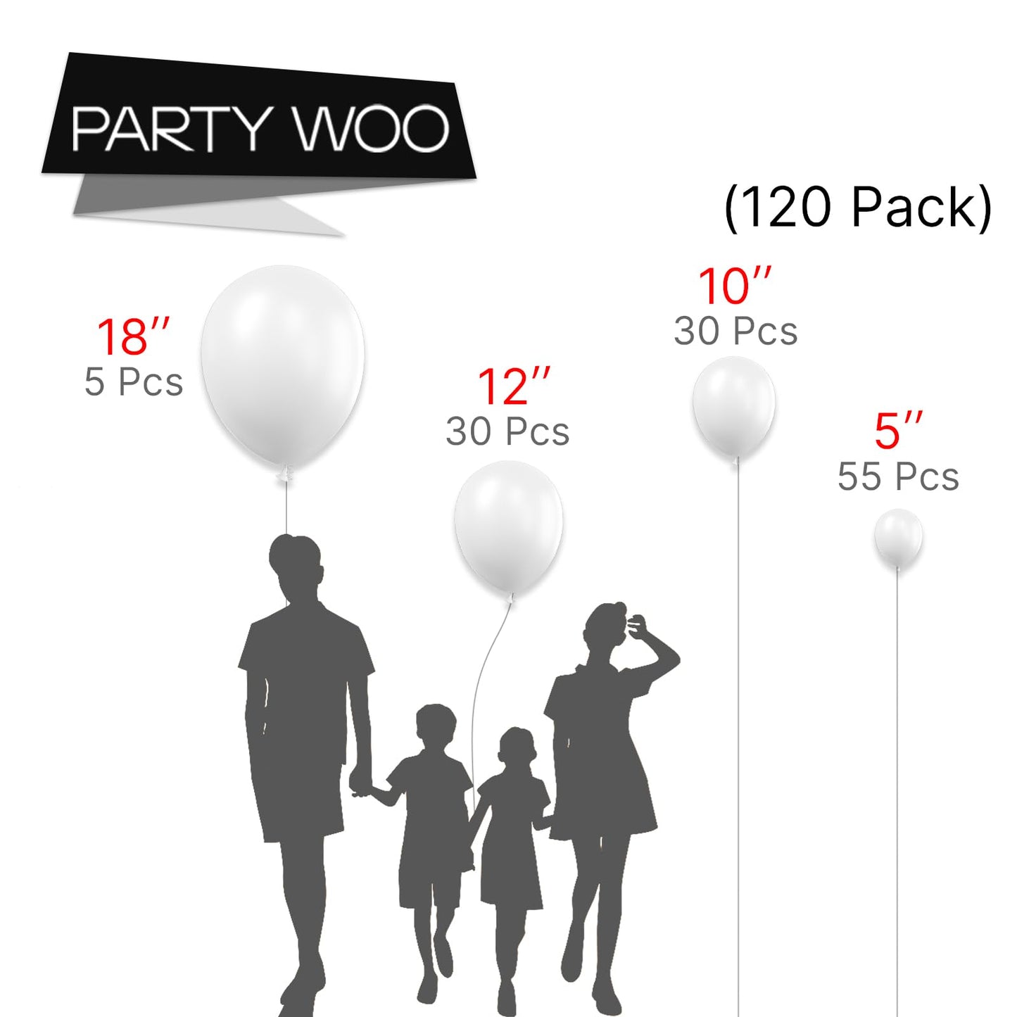 Partywoo White Balloons, 120 Pcs Matte White Balloons Different Sizes Pack Of 18 Inch 12 Inch 10 Inch 5 Inch For White Balloon Garland Or Arch As Birthday Decorations, Party Decorations, White-Y13