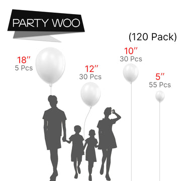 Partywoo White Balloons, 120 Pcs Matte White Balloons Different Sizes Pack Of 18 Inch 12 Inch 10 Inch 5 Inch For White Balloon Garland Or Arch As Birthday Decorations, Party Decorations, White-Y13