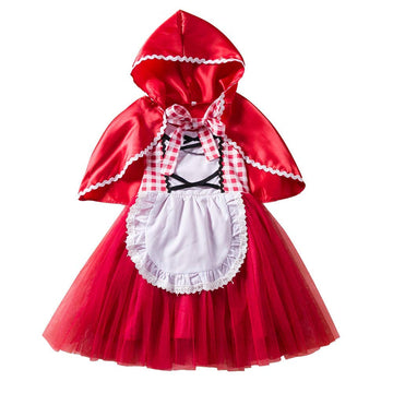 Imekis Little Red Riding Hood Costume Toddler Girls Baby 2Nd Halloween Outfit Fancy Cosplay Deluxe Storybook Plaid Maid Apron Dress Up Cape Cloak Kids Fairy Tale Princess Party Supply 18-24 Months