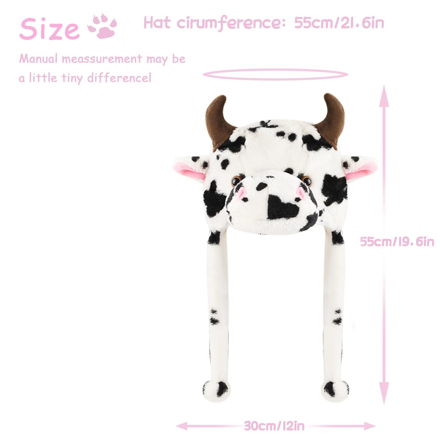 Funny Plush Animal Hat with Ear Flaps, Soft Fleece Hats Cute Bunny Cap for Kids Women Girls Cosplay Party (Cow) Multi-Colored