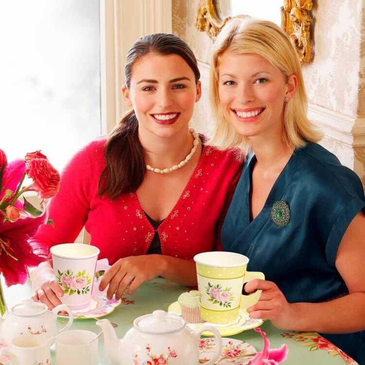 ceiba tree Floral Paper Disposable Tea Cups with Handle and Saucers Tea Party Decorations Favors 24 Sets for Girls Women Flower