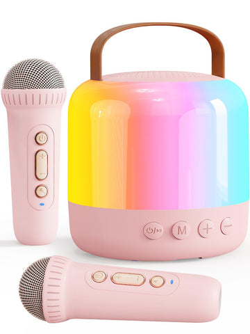 Iyoyo Mini Karaoke Machine For Kids Portable Bluetooth 5.3 Speaker With 2 Wireless Kareokee Microphones, 360° Colorful Led Light Karaoke Toy Gifts For Girls Boys Ages 4-12 Birthday(Peach Pink-2 Mic)