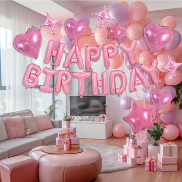 Toniful 35Pcs Light Pink Happy Birthday Decorations 16 Inch Happy Birthday Balloon Banner With Star Balloons Mylar Foil Birthday