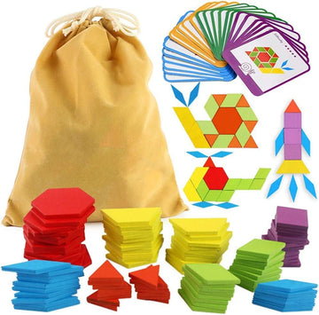 Lovestown 209 Pcs Wooden Pattern Blocks, Geometric Shapes Blocks Pattern Blocks With Cards Tangram Puzzles For Kids Educational Tangram Toys