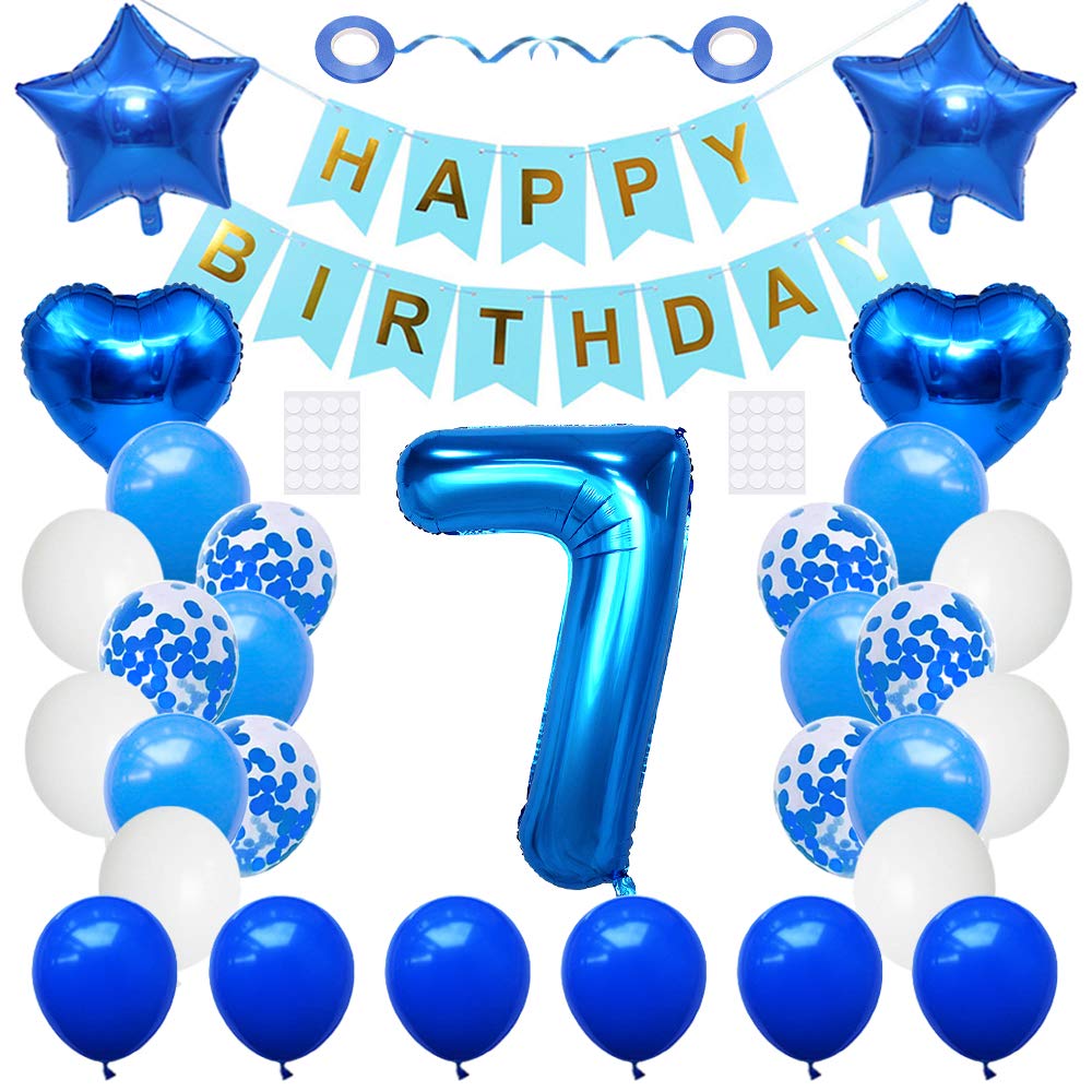 Huture 7 Birthday Party Supplies Blue Number 7 Foil Balloon Happy Birthday Banner Kit 7Th Birthday Decoration White Blue Latex C