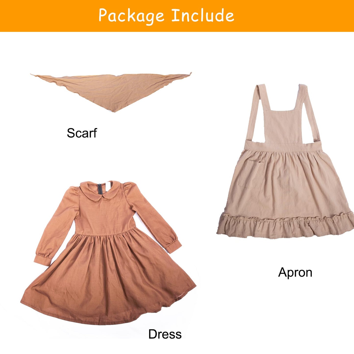 Aimeiar Pioneer Girl Costume Colonial Prairie Dress With Scarf, Dress, Apron Coffee (3T-4Yrs)