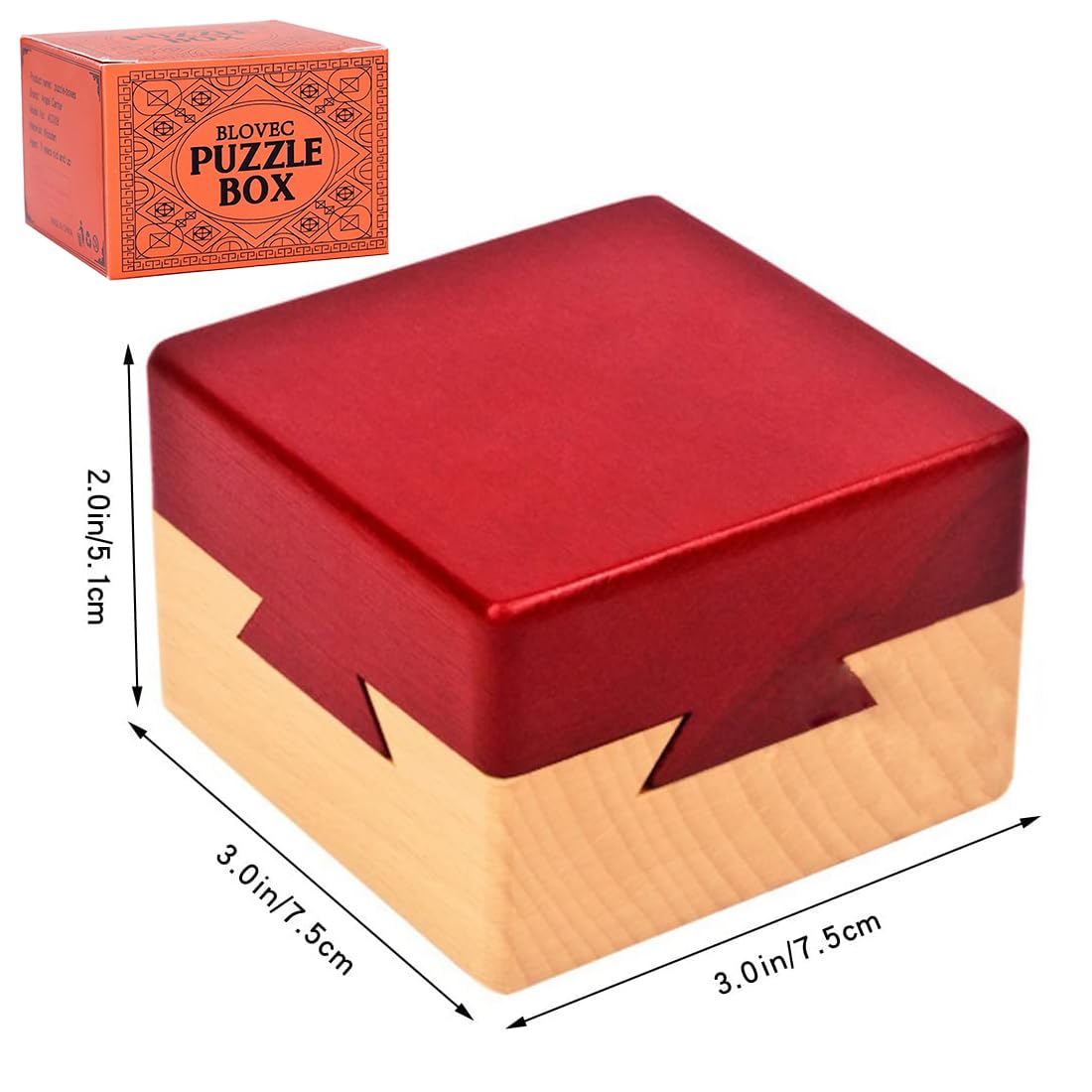 Blovec 3D Wooden Puzzle Box - Impossible Dovetail Brain Teaser with Secret Compartment, Red, 1.96x1.96x0.51 inch, Model AC008