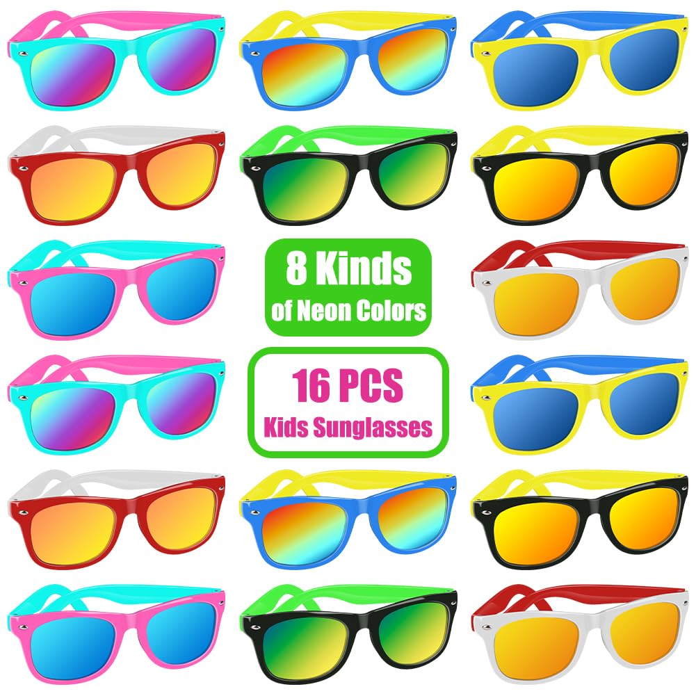 Aggkky Kids Sunglasses Bulk, 16 Pack Kids Sunglasses Party Favors, Neon Kids Sunglasses Bulk For Boys Girls With Uv400 Protectio