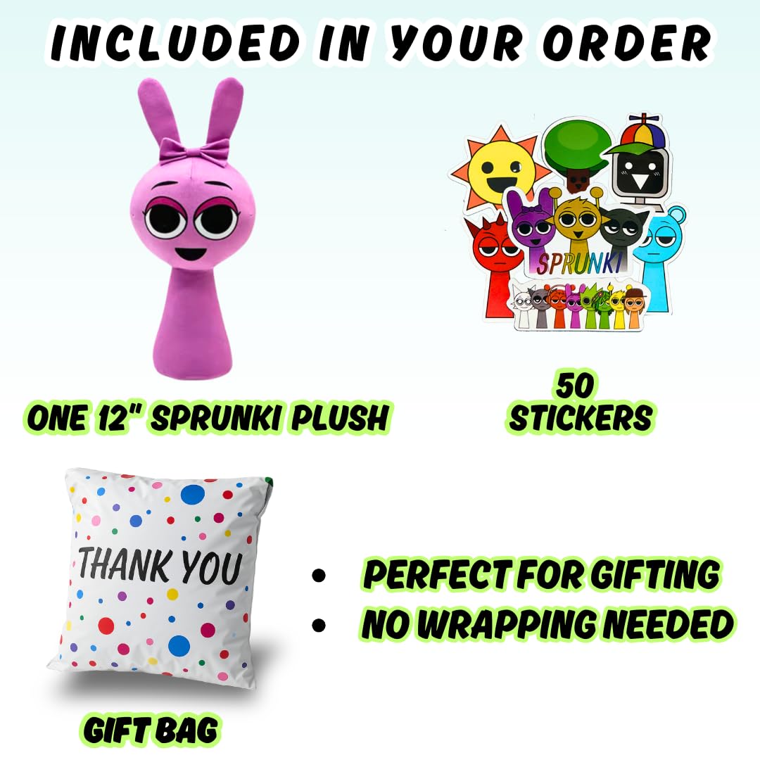 Sprunki Plush Toy - 11.8  enhanced Stuffed Character Doll with 50 Stickers & Gift Bag | Soft Plushies for Kids Room Decor  Cuddling  or Play | Choose Sky  Pinki  Oren  Simon  Mr. Fun Computer & More