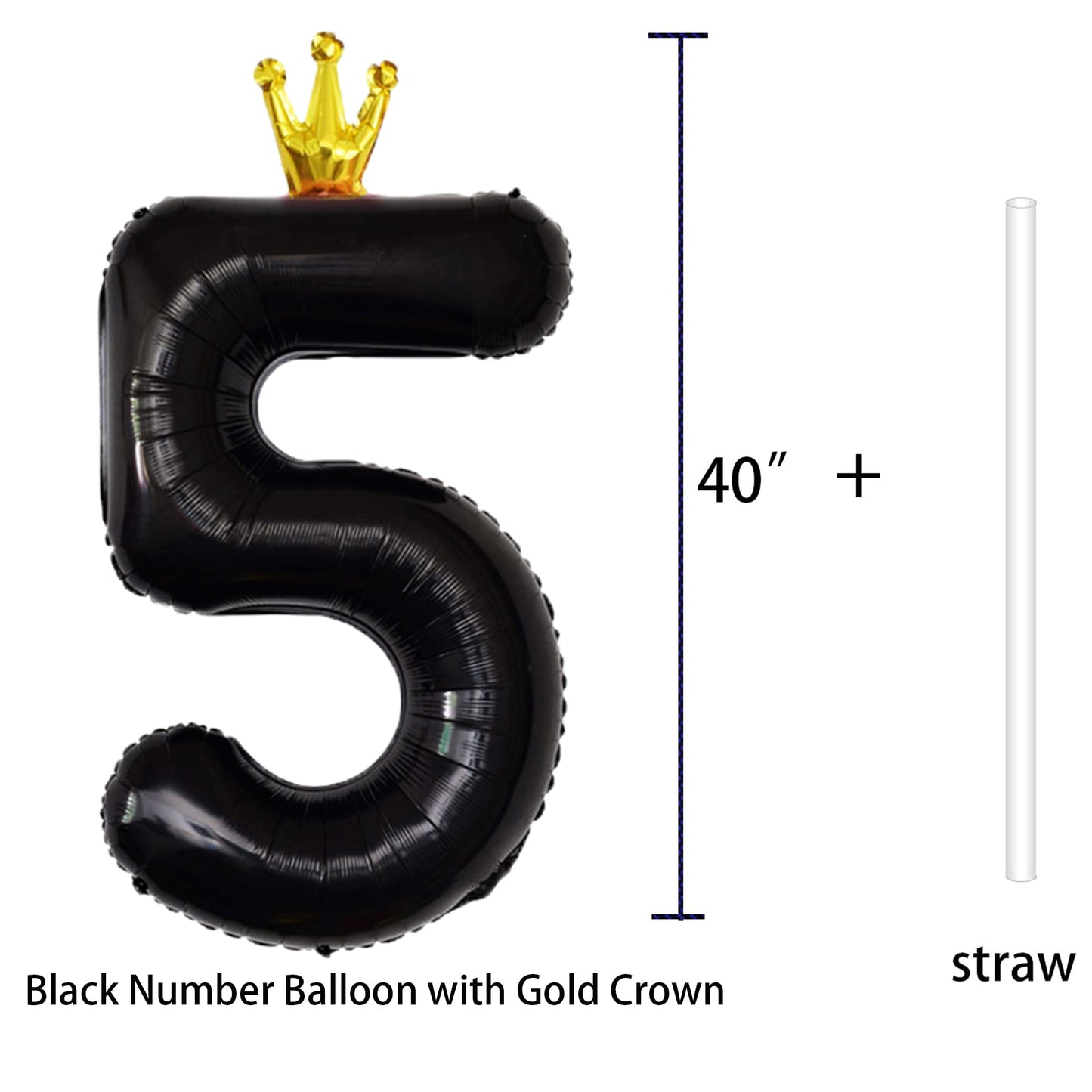 Gifloon Black Number 5 Balloon With Crown, Large Number Balloons 40 Inch, 5Th Birthday Party Decorations Supplies 5 Year Old Bir