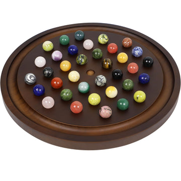 Medikaison Large Solitaire Game Handmade Solid Wooden Marble Board Game Set With 36 Natural Marble Marbles Classic Thick Round Board Games For Adults Game Night (Walnut, Medium)