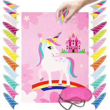 Pin The Horn On The Unicorn Game -Unicorn Party Game For Girls With 21'' X 28'' Poster, Reusable Horn Stickers Party Supplies Fo
