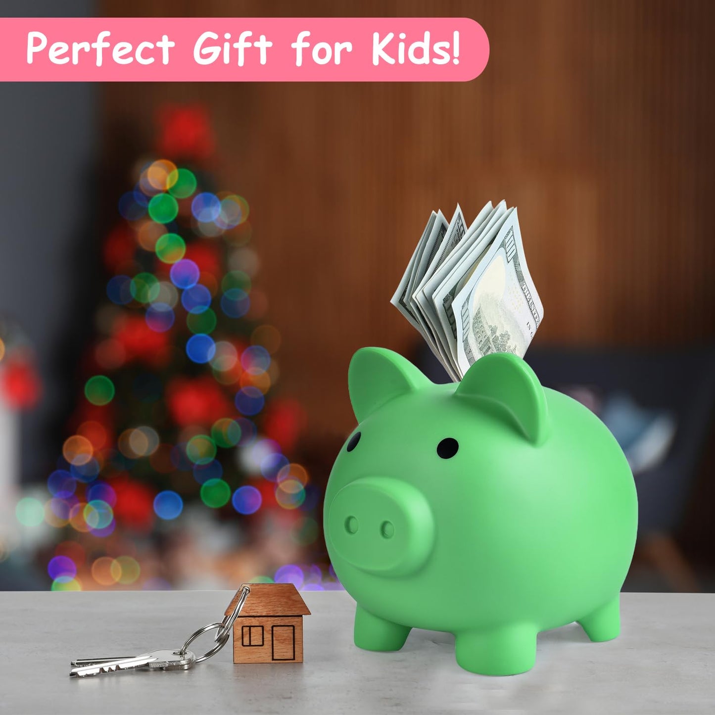 PJDRLLC Large Piggy Bank - Unbreakable Plastic Coin Bank for Kids, Green, Model FD-61
