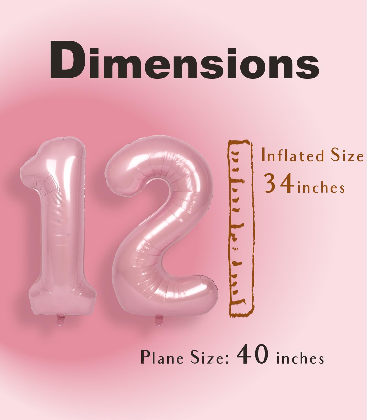 Suwen 40 Inch Pink Large 12 Number Balloons Big Foil Helium Number Balloons 0-9 Jumbo Happy 12Th Mylar Birthday Party Decoration
