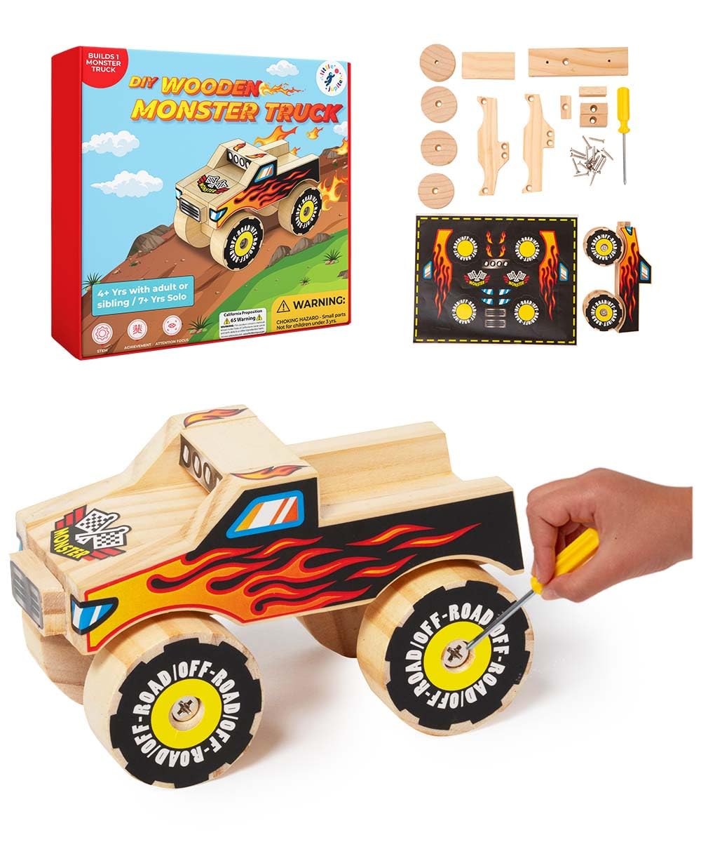 DIY Wooden Monster Truck Building Kit - Stem Toys for Kids Age 4-7 - Wood Crafts with Stickers