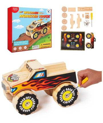 DIY Wooden Monster Truck Building Kit - Stem Toys for Kids Age 4-7 - Wood Crafts with Stickers