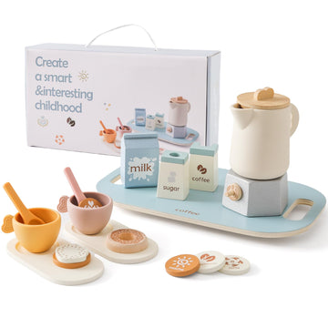 Wooden Tea Set For Little Girls And Boys | 18 Pcs Kids Coffee & Tea Set For Toddlers | Pretend Play Toy With Silicone Accessorie