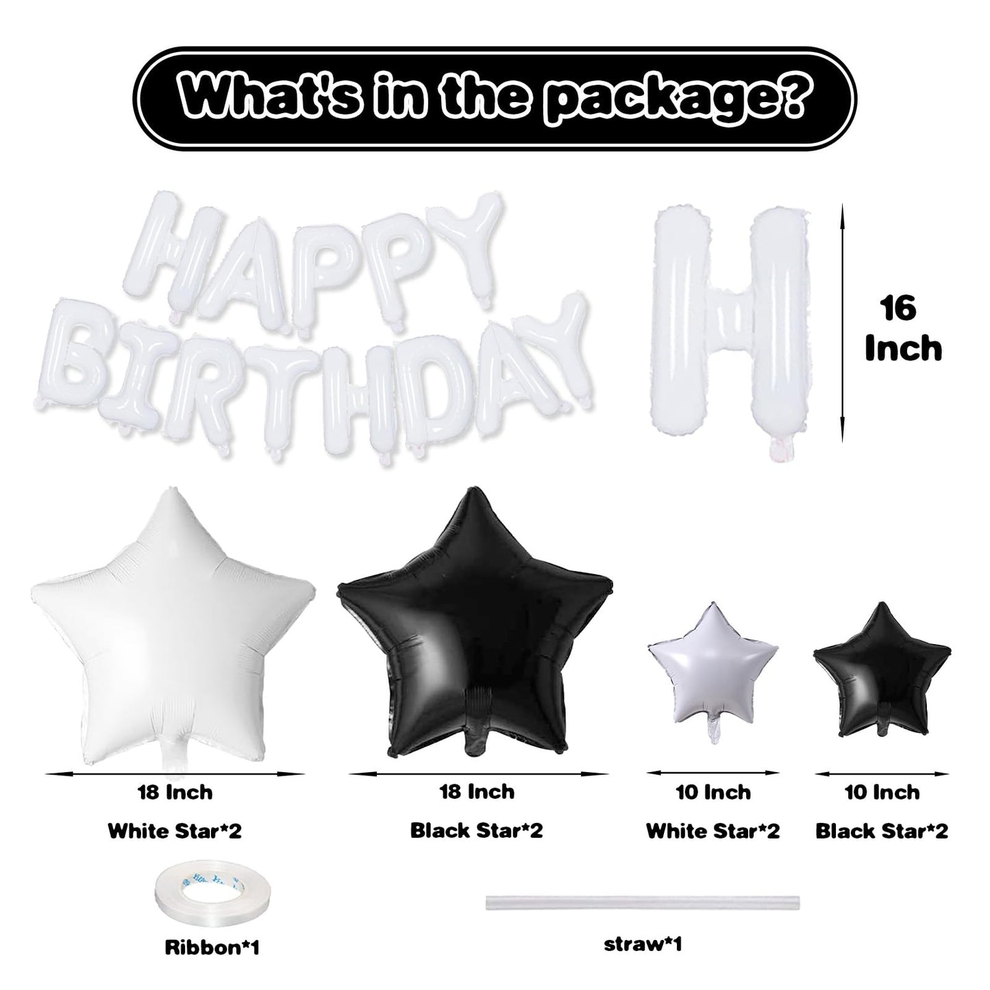 Happy Birthday Balloons Banner, White Happy Birthday Foil Balloons 16 Inch Mylar Foil Letter Balloons With 8 Pcs Black White Sta