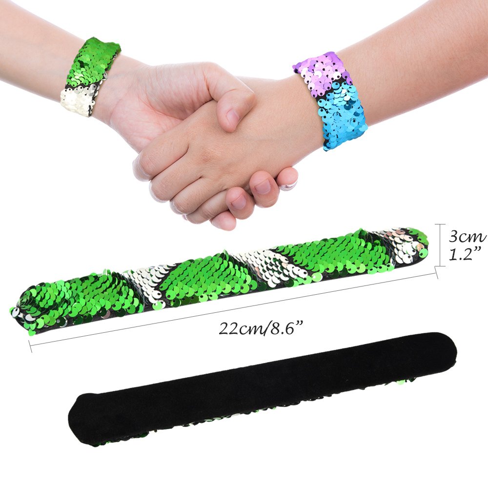 KUUQA 16 Pcs Magic Sequins The Mermaid Bracelets 2-Color Sequin Reversible Glitter Slap Bracelets Charms Wristband for Kids Litt