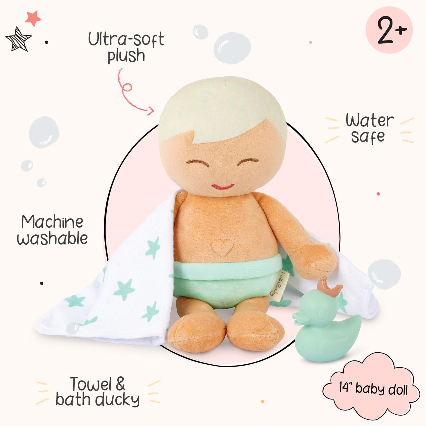 Lullababy - 14-Inch Bath Baby Doll Boy - Light-Brown Hair - Soft Plush Body For Real Water Play - Tub Toys - Kids Ages 2 Years O