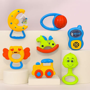 Storio Baby Rattle Gift Set | Newborn Sensory Toys For 0-12 Months | 6 Pc Rattle Set With Teether | Ideal Baby Shower Gift For B