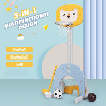 Akustik 3 In 1 Toddlers Basketball Hoop Stand, Adjustable Height Sports Center With Basketball Soccer Golf Game Set, Portable In
