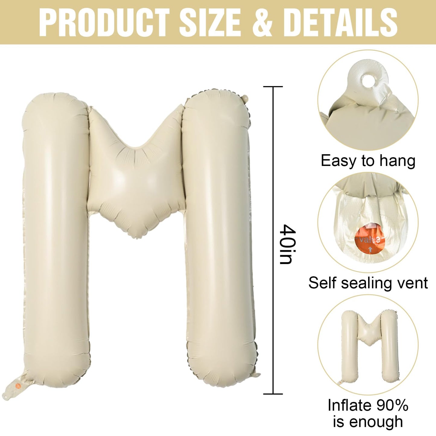 Letter Balloons Beige,40 Inch Letter M Balloons,A-Z Alphabet Name Foil Balloons,Big Single Cream Aluminum M Word Balloons Helium