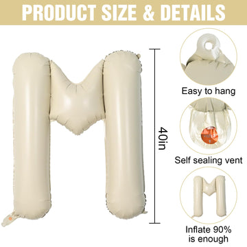 Letter Balloons Beige,40 Inch Letter M Balloons,A-Z Alphabet Name Foil Balloons,Big Single Cream Aluminum M Word Balloons Helium