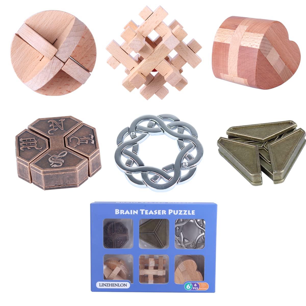 Brain Teaser Puzzle for mature-themeds Puzzles Metal Hole Lock mature-themed Educational Toy Jigsaw IQ Puzzle(6 Pack) (Bronze)