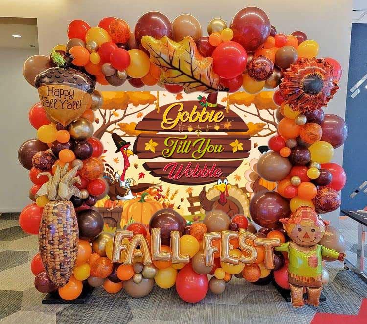 Gobble Till You Wobble Banner Backdrop 8x6FT Fall Maple Leaves Pumpkin Turkey Friendsgiving Photography Background Funny Rustic
