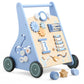 Beright Wooden Baby Walker Push And Pull Learning Activity Walker With Wheels Montessori Walker Toy Multiple Activities Center Develops Motor Skills & Stimulates Creativity (Blue)