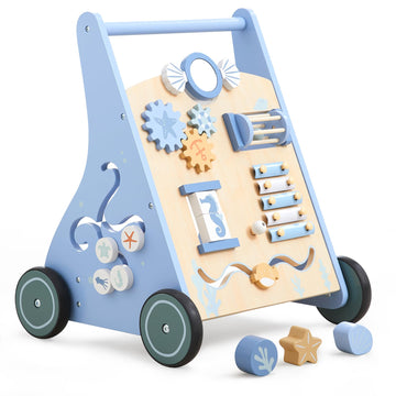 Beright Wooden Baby Walker Push And Pull Learning Activity Walker With Wheels Montessori Walker Toy Multiple Activities Center Develops Motor Skills & Stimulates Creativity (Blue)