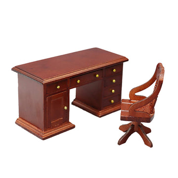 Wooden 1/12 Scale Retro Dollhouse Writing Desk Chair Set Miniature Furniture For A
