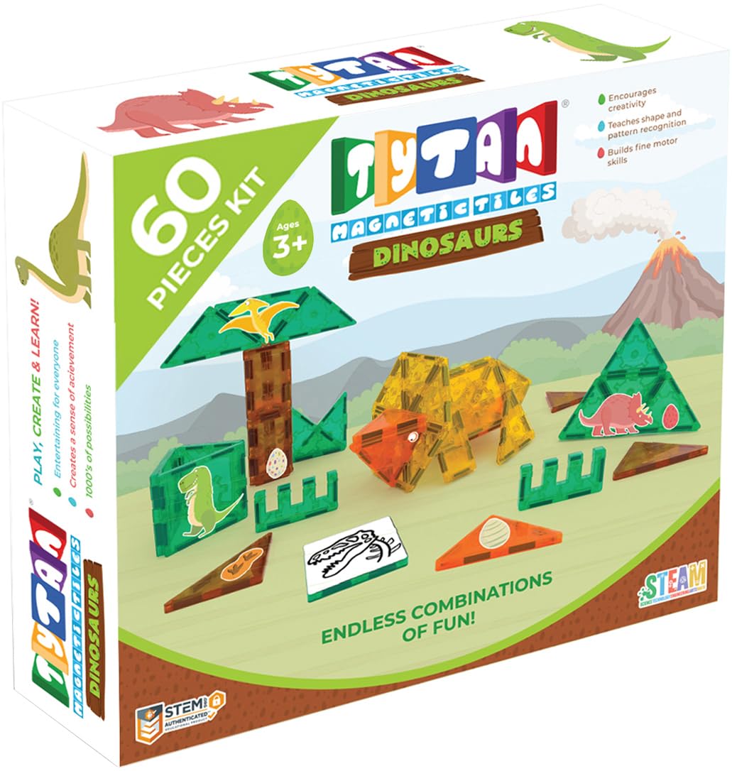 Tytan TILES Dinosaurs 60-Piece Magnetic Tiles Building Set, Dino Safari Land Kids STEM Toy, Creative Play, Shape & Pattern Recog
