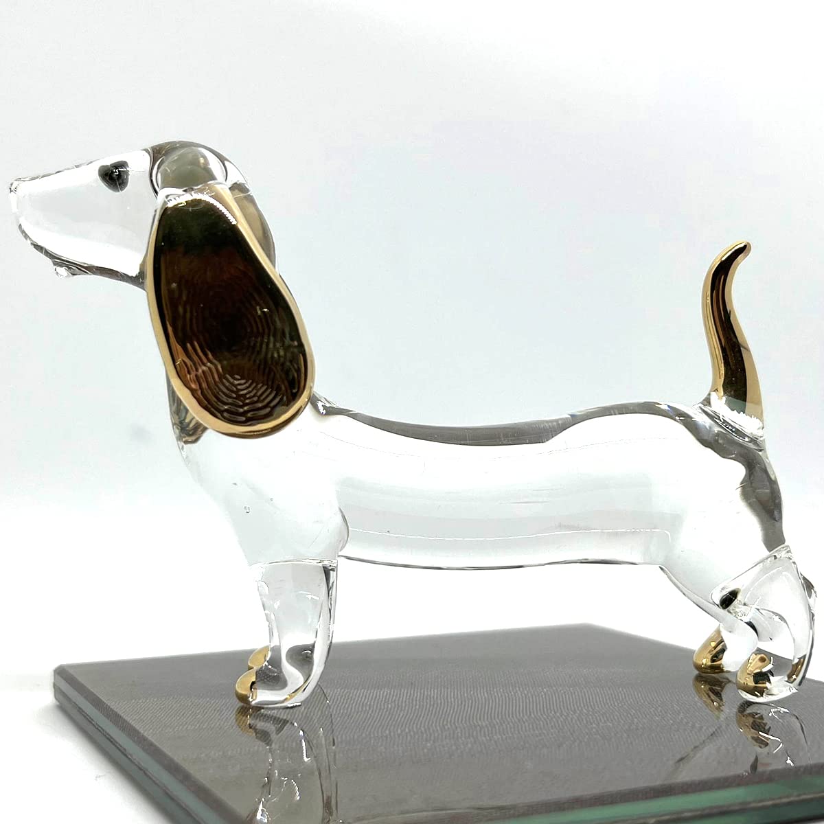 Sansukjai Dachshund Miniature Figurines Dog Animals Hand Blown Glass Art Gold Trim Collectible Gift Decorate (Clear Violet)