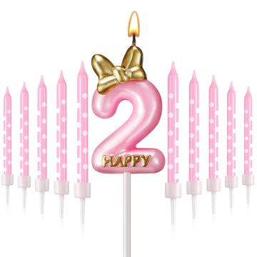 11 Pieces 2 Birthday Candle Girl Pink Number Birthday Cake Topper 2 Years Old Birthday Candle with White Dot Birthday Long Candl