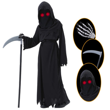 Clothand Grim Reaper Costume Kids Set, Death Scary Halloween Costumes For Kids Boys, Scary Ghost Cosplay Outfit Halloween Party