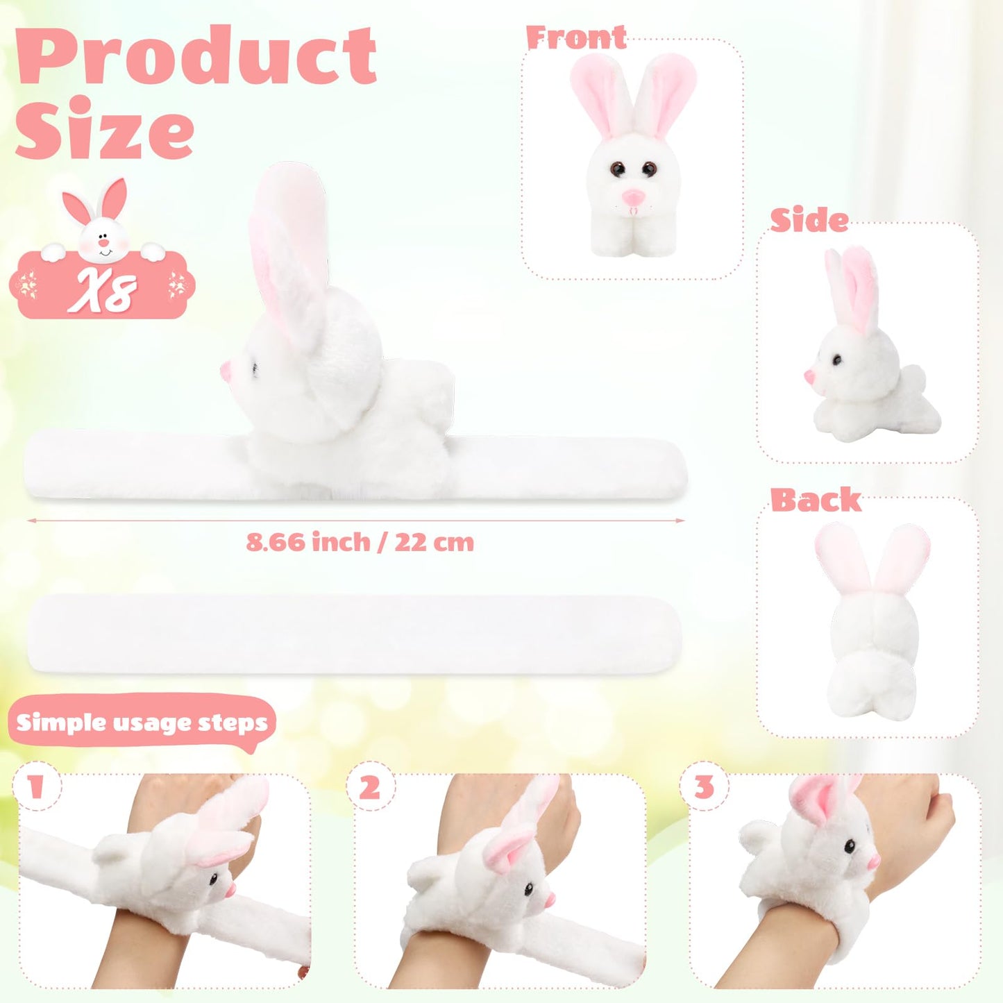 Lenwen 8 Pcs Rabbit Stuffed Animals Slap Bracelets For Kids Plush Animal Cute Wrist Slap Bands For Birthday Party Favors Boys Gi