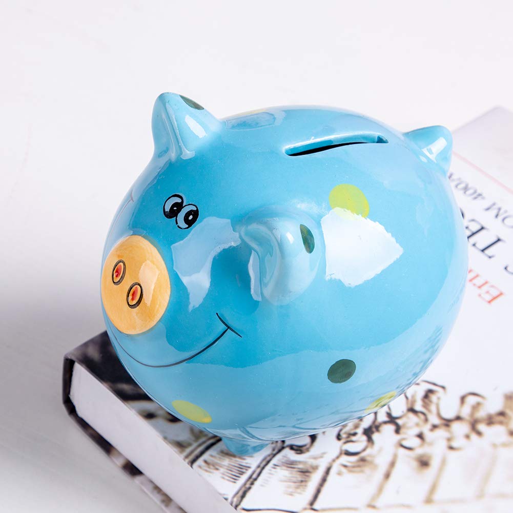 Fovshng Ceramic Piggy Bank For Boys Cute Coin Bank For Kids Birthday Gift Piggy Banks Blue (5X5X4Inch)