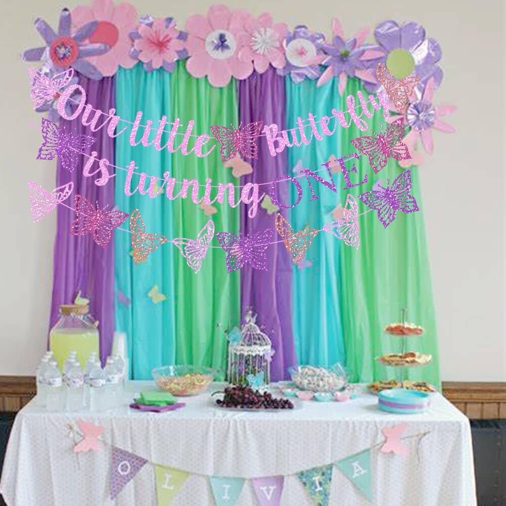 Our Little Butterfly is Turning One Banner Pink Glitter Butterfly 1st Birthday Banner for Spring Butterfly Girls One Year Old Bi