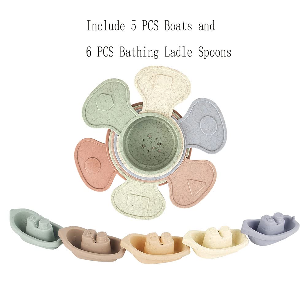 Bath Toys Floating Boats With Bathing Spoon, 11 Pcs Bathtub Mold Free Bath Toy For Babies Water Table Toys Toddler Birthday Gift For Preschool Boys/Girls