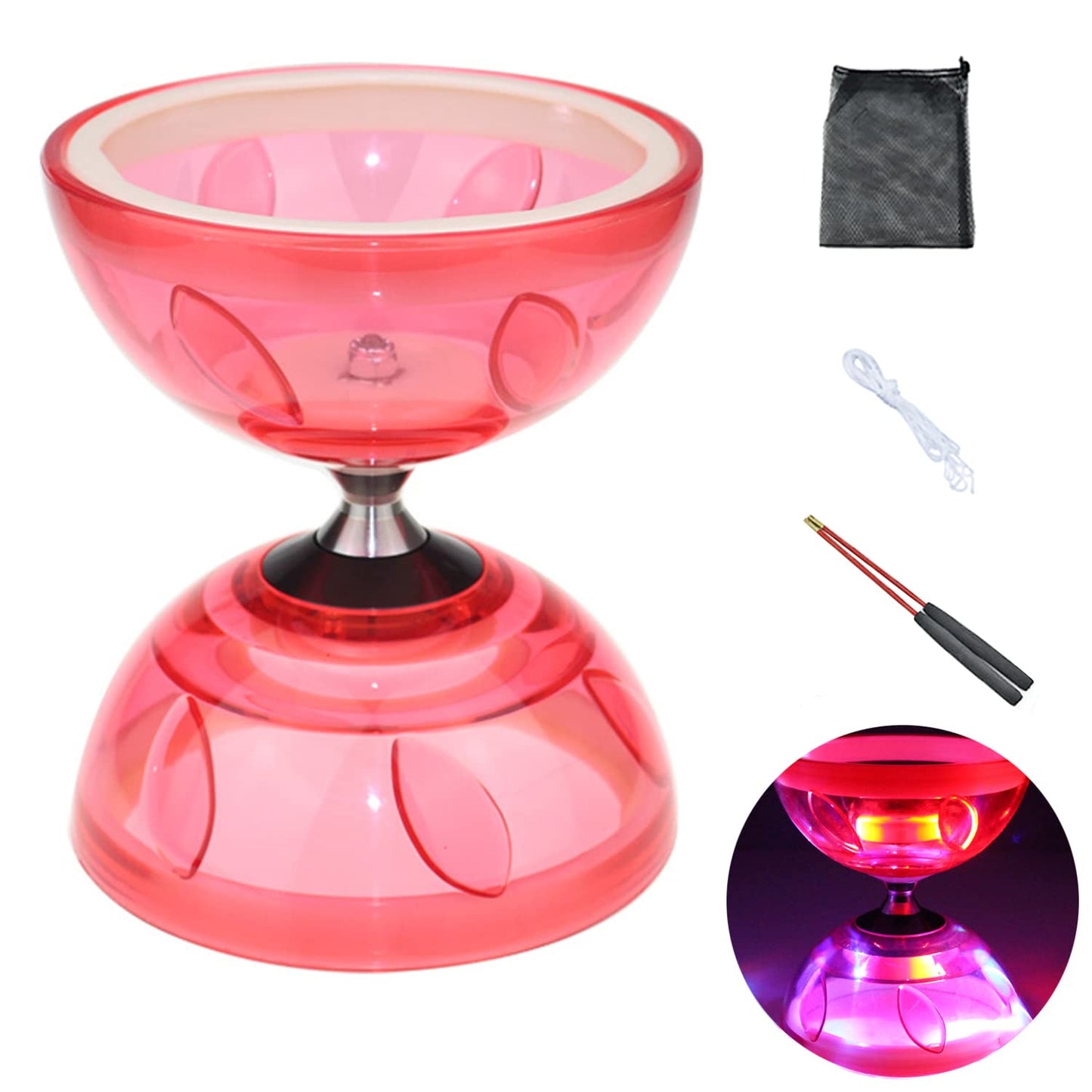 Diabolo Chinese Yoyo Set ,Triple Bearing Diabolo Chinese Yo-Yos Juggling Toys With Colorful Led Diabolo With Diablo Sticks, Diabolo String&Net Bag, Easier Start/ Faster/ Stable&Lasts Longer (Red)