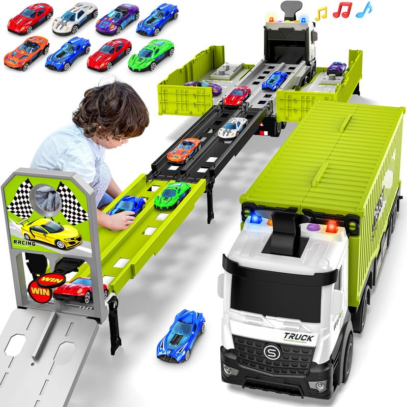 Diuerma Carrier Truck Race Track Playset for Boys, Foldable 3 Layer, Includes 8 Cars, Green, Ages 3-6+