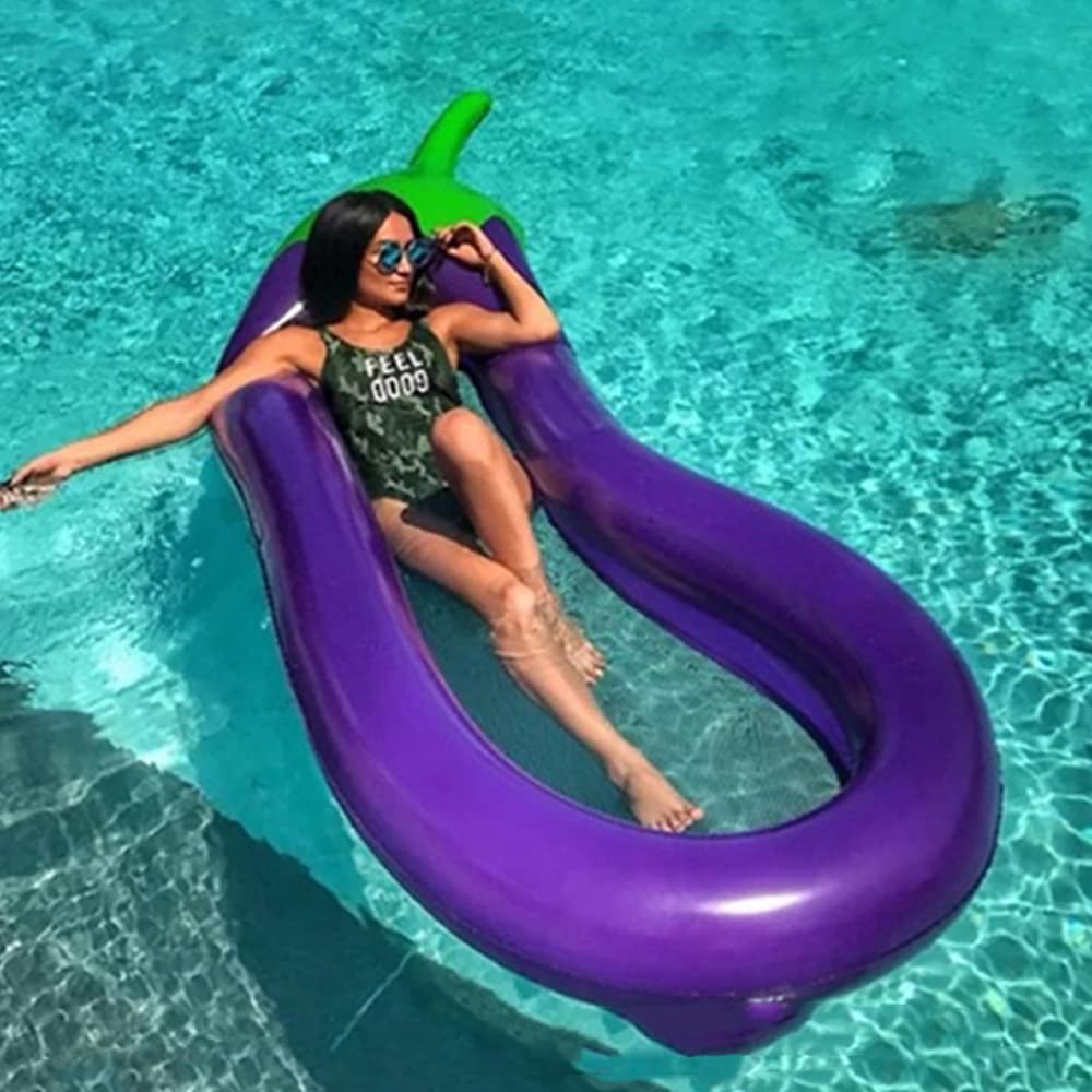 OUKEYI Inflatable Pool Float Chair - Large Purple PVC Eggplant Design (250x110cm) - Ideal for Adults and Kids Enjoying Pool Time