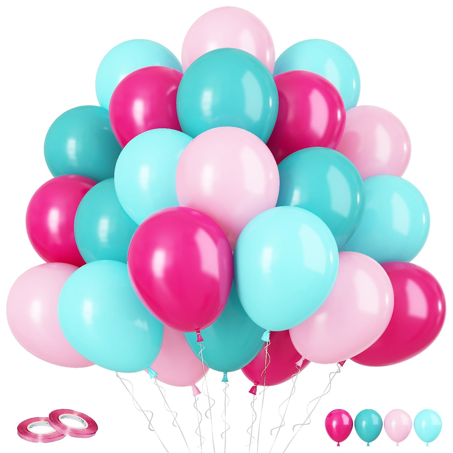 Pink Blue Balloons, 60Pcs Hot Pink Teal Blue Balloons, 12 Inch Hot Pink Confetti Helium Balloons Rose Red Turquoise Latex Balloo