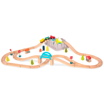B. Toys- Wood & Wheels Train Set- 47Pc Wooden Train Set- Train Tracks & Accessories – Storage Bucket With Mountain Lid – Classic Toys For Toddlers, Kids – 3 Years +