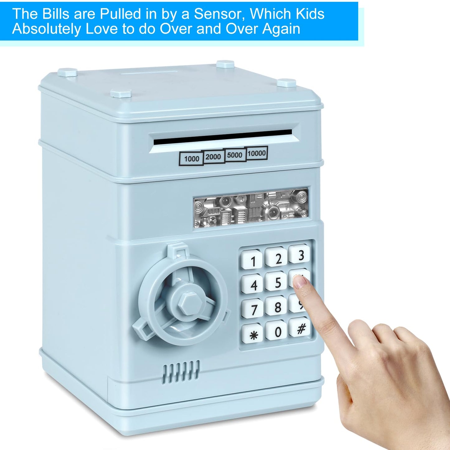 Renvdsa Cartoon Electronic Atm Password Piggy Bank Cash Coin Can Auto Scroll Paper Money Saving Box Gift For Kids (Light Blue)