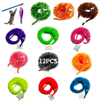 Shengsen 12 Pieces Fuzzy Worm Toys String Pets Fuzzy Worms On String Bulk Trick Toy Party Favors For Kid Cat (12 Colors)