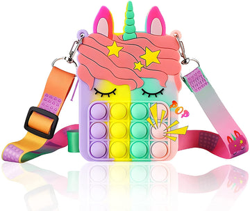 Gifts For Kids Rainbow Unicorn Purse Bag For Girls And Women, Fashion Pop Purse Push Bubbles Fidget Toy, Wallet Ladies Bag Silic