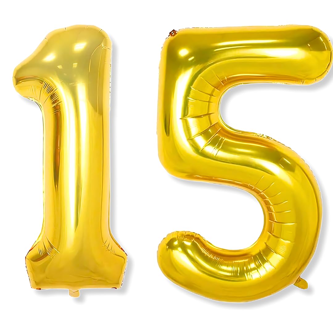 Flyloons 15 number Golden Foil Balloon 16 inch Size Birthday Decoration Items Pack of 2 | 15th Year Balloons | Fifteen